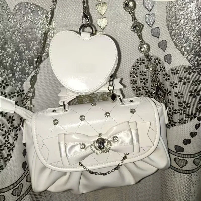 sac sous le bras élégant rose avec nœud et strass, sac à bandoulière plissé style sweet lolita, sac à main portable avec poignée nœud, jolie pochette ita