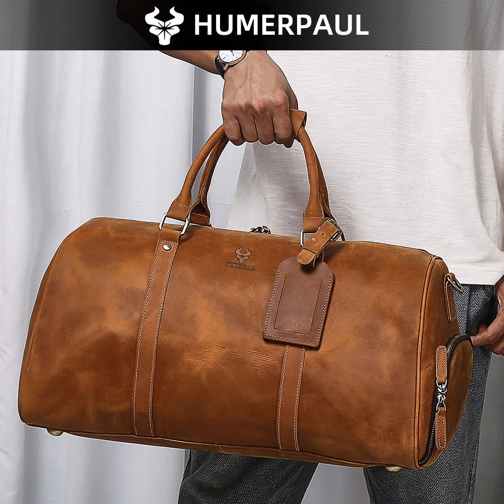 sac de sport en cuir crazy horse pour hommes, sac de voyage de grande capacité pour ordinateur portable et chaussures de 15 pouces, fourre-tout durable pour les affaires
