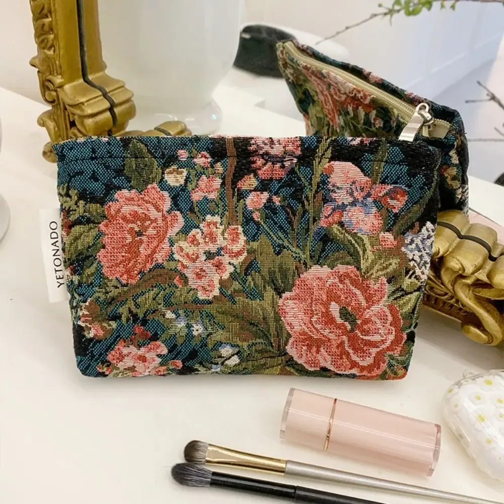 pochette en toile de polyester à motif floral, grande capacité, pochette de rangement pour cosmétiques, fermeture éclair portable, trousse de maquillage