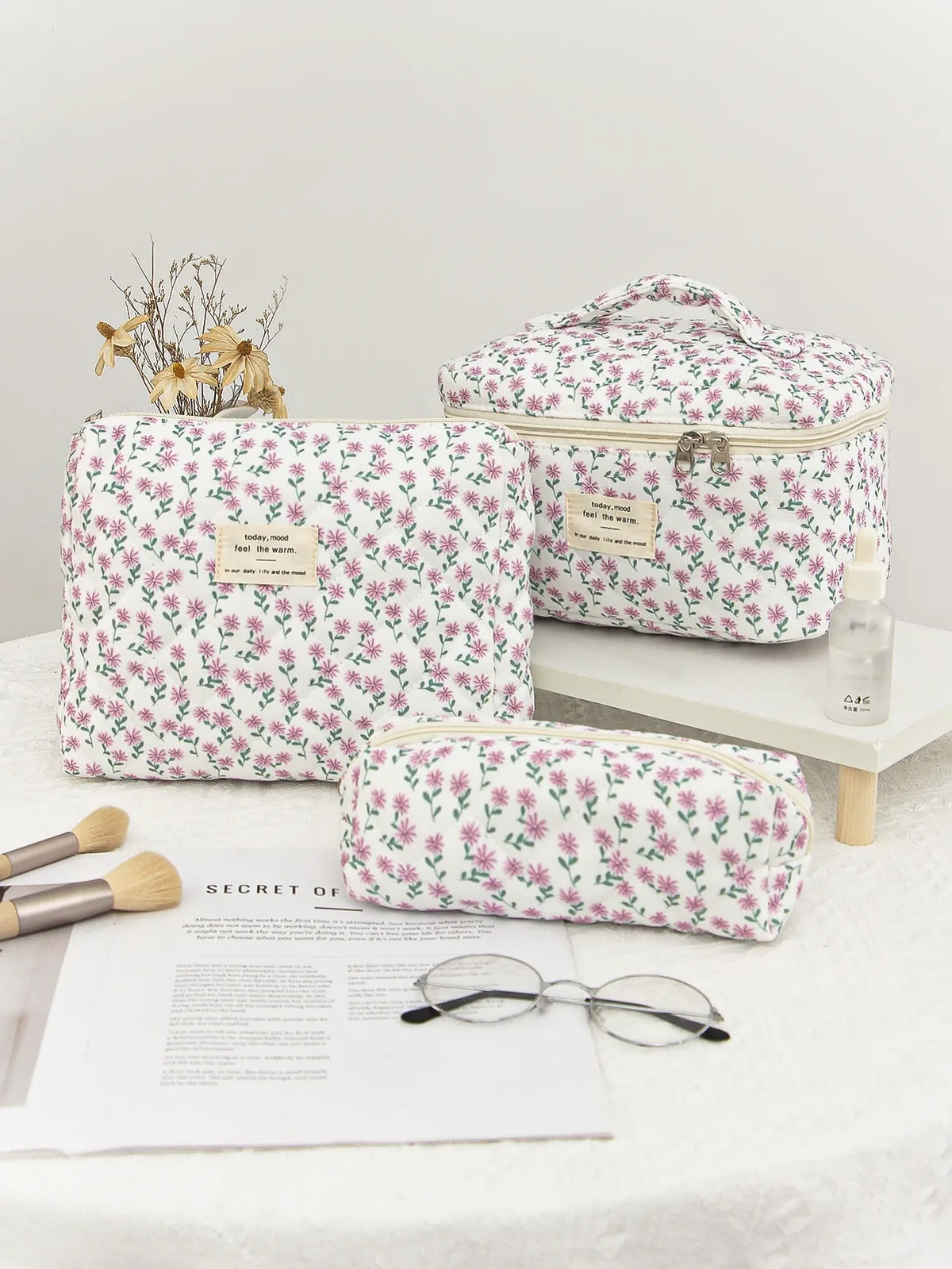trousse polyester floral bleu jaune violet voyage cosmétiques maquillage toilette portable grande capacité matelassée multifonctionnelle
