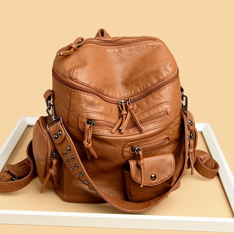 sac dos cuir matière similaire noir bleu gris marron poches multiples rivets dorés décontracté imperméable voyage école collège