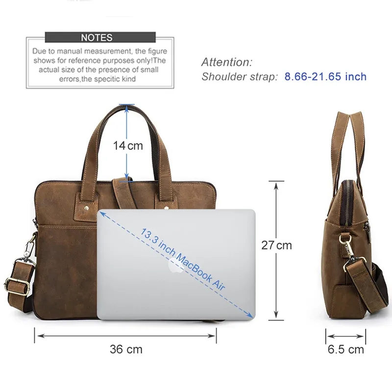 porte documents cuir vache crazy horse leather polyester fermeture éclair bande lièrre macbook 13 16 pouces voyage