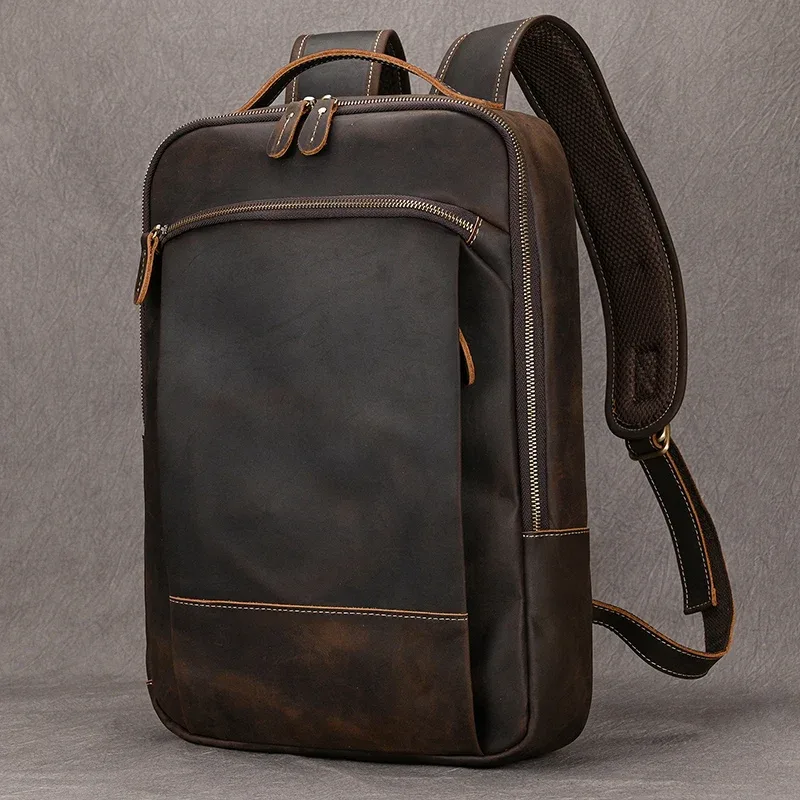 vintage hommes crazy horse cuir sac à dos en cuir véritable rétro sac à dos grand classique voyage sac à dos grand ordinateur portable sac d'ordinateur