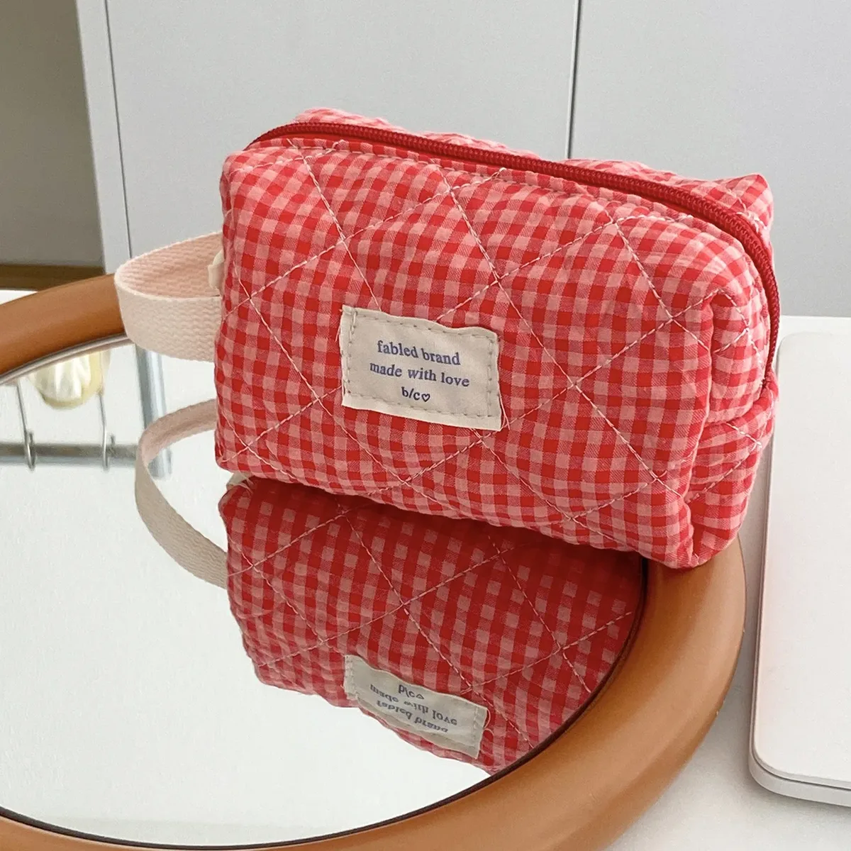 sac à cosmétiques à carreaux de grande capacité pour femmes, sac de rangement pour brosses de soins de la peau en coton pour filles, trousse de toilette de voyage portable, trousse de maquillage