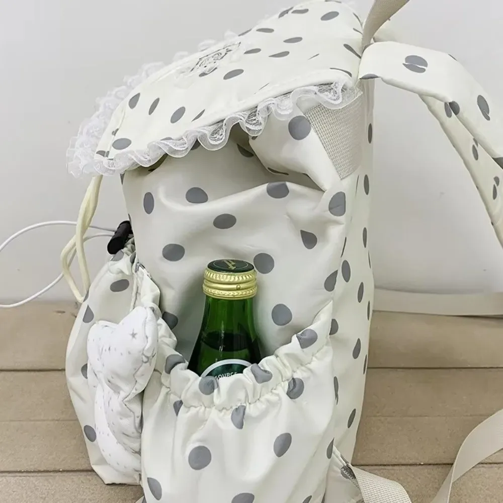 sac à dos à cordon de serrage à motif à pois, garniture en dentelle, grande capacité, sac à dos d'école, sac à dos de voyage réglable avec cordon de serrage, ailes d'ange