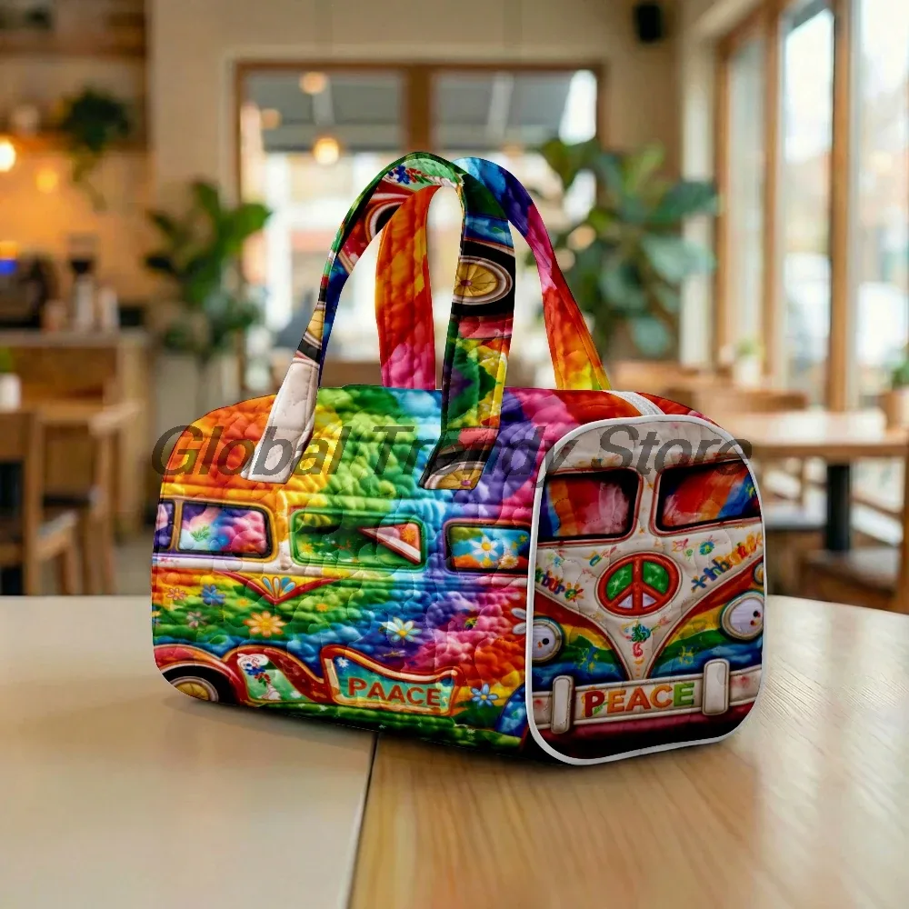 sac de voyage matelassé pour homme, motif floral et bus de la paix, sac fourre-tout décontracté pour femme, sac de week-end