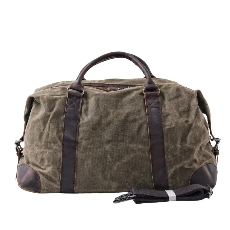 sac de voyage de style rétro européen et américain, fabriqué en toile imperméable cirée et en cuir de vache, grand sac de week-end pour hommes.