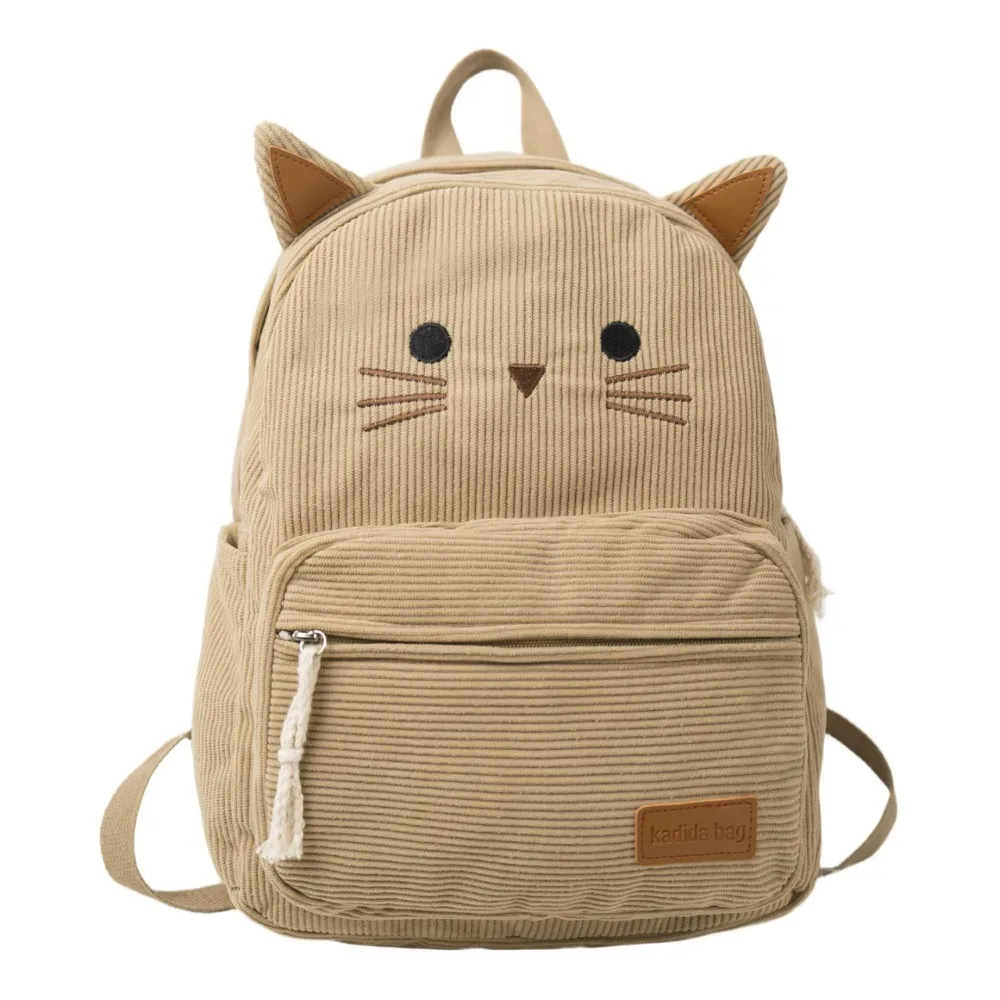 sac à dos mignon en velours côtelé imprimé multicolore motif chat de dessin animé, avec plusieurs poches, léger, idéal pour les étudiants et les voyages.