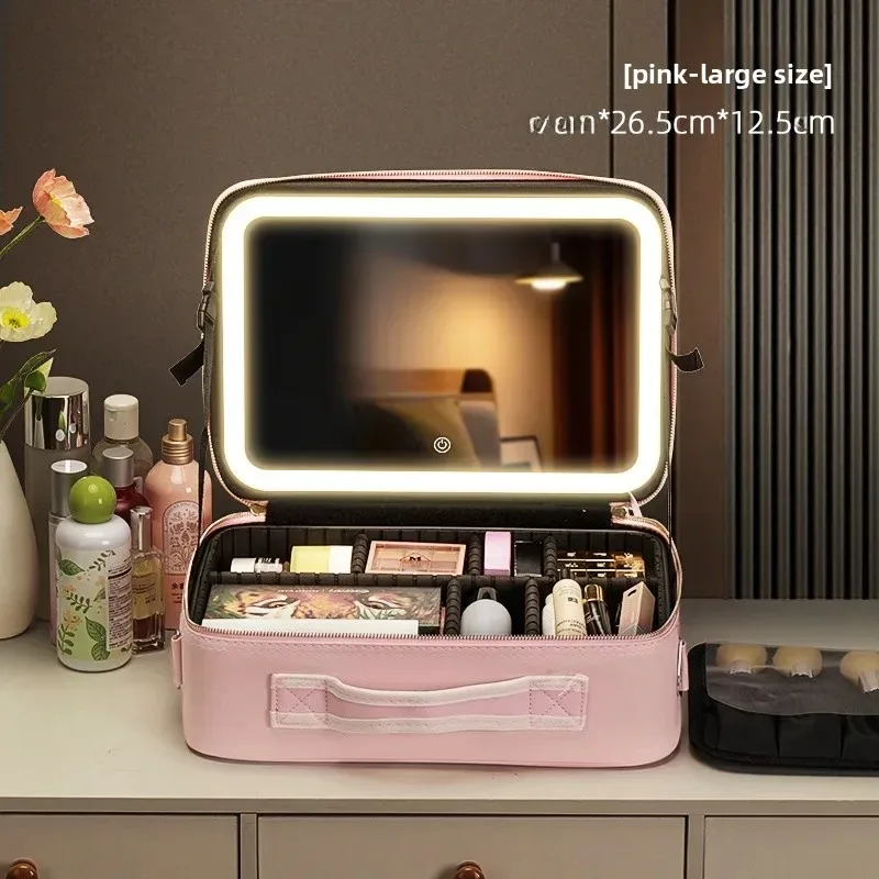 trousse de maquillage grande capacité avec miroir et lumière led, sac de retouche portable professionnel, style ins, couleur unie, autres matériaux