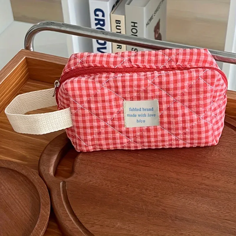 trousse de maquillage à carreaux, sac à cosmétiques portable de grande capacité pour femmes et filles, trousse de toilette de soins de la peau, pochette portefeuille multifonctionnelle mignonne