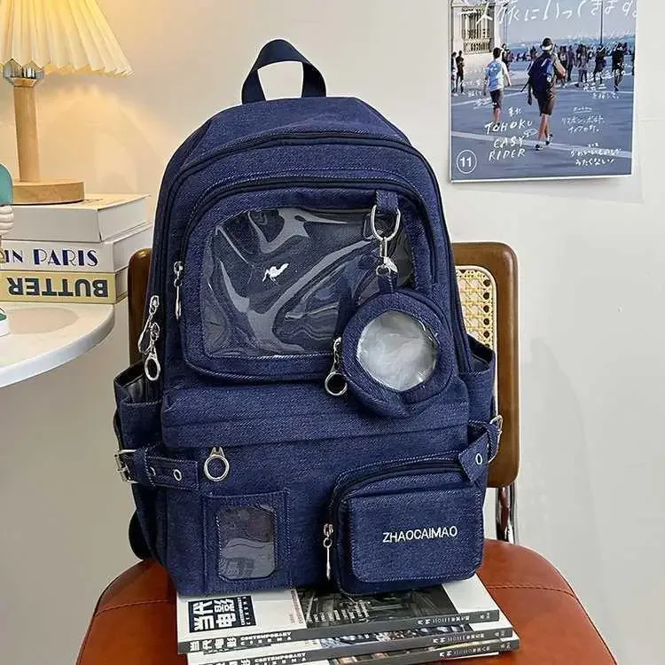 sac dos jean polyester noir bleu beige forme rectangulaire poches latérales transparentes visibilité intérieure informatique ceinture air décontracté usage quotidien
