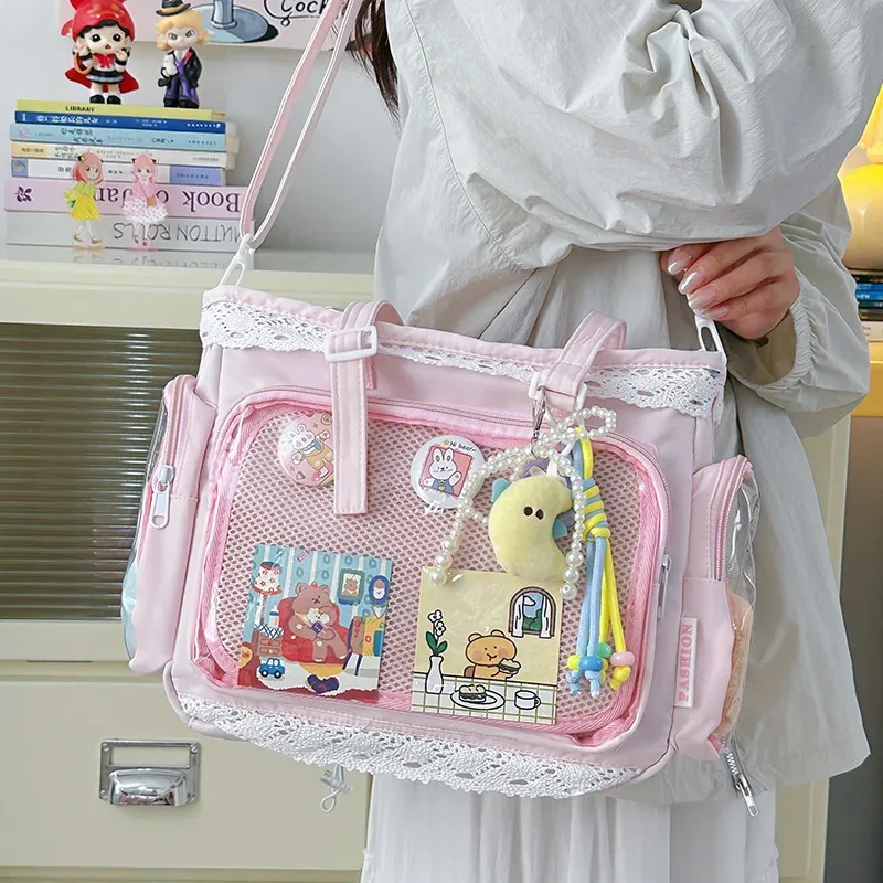 sacs bandoulière style universitaire pour fille, poche transparente, couleur unie, itabag grande capacité, sac à bandoulière en dentelle, pour poupées en coton, tenue quotidienne