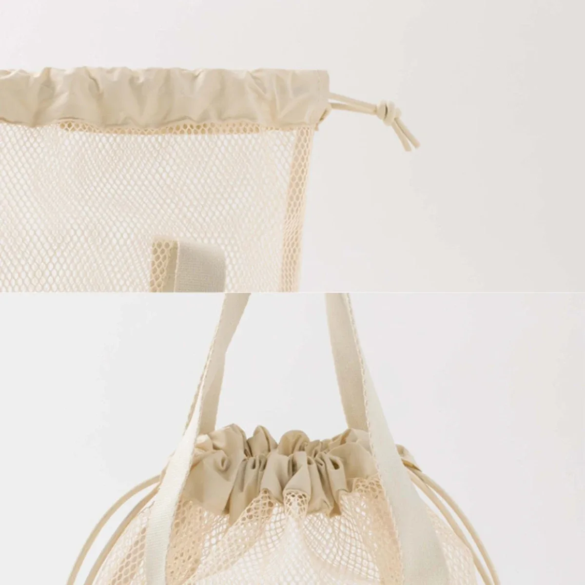 trousse de toilette de voyage beige, sac à main pliable ultra-léger en maille ajourée, poche à cordon, sac de plage, trousse de toilette, 1 pièce