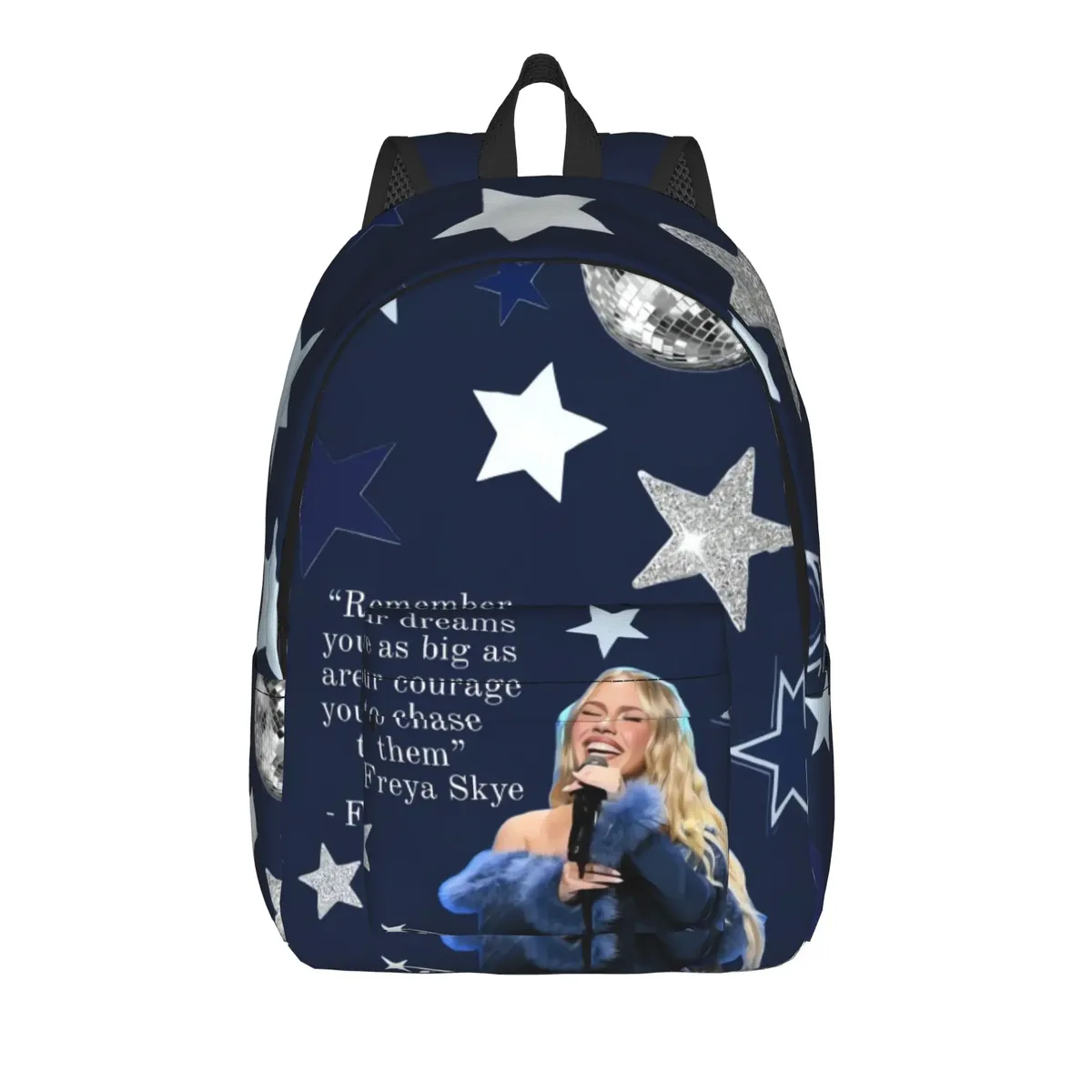 sac à dos freya skye avec patchwork photo et texte bleu, sacs à dos modernes pour garçons, sacs de randonnée souples, sacs d'école secondaire, sac à dos de créateur