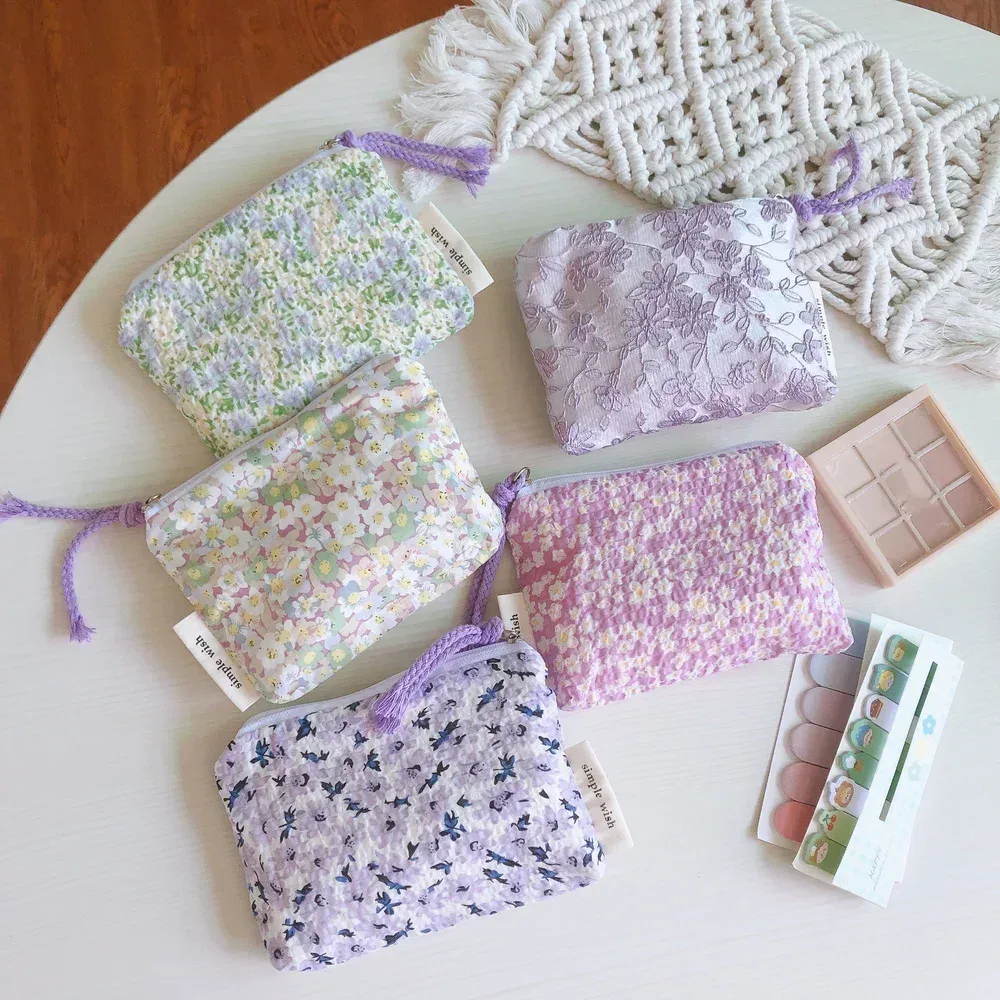petite trousse de maquillage cosmétique pour femmes et filles, mini sacs à fleurs en coton, trousse de maquillage rouge à lèvres, sac à main pour enfants, trousse à poudres à monnaie
