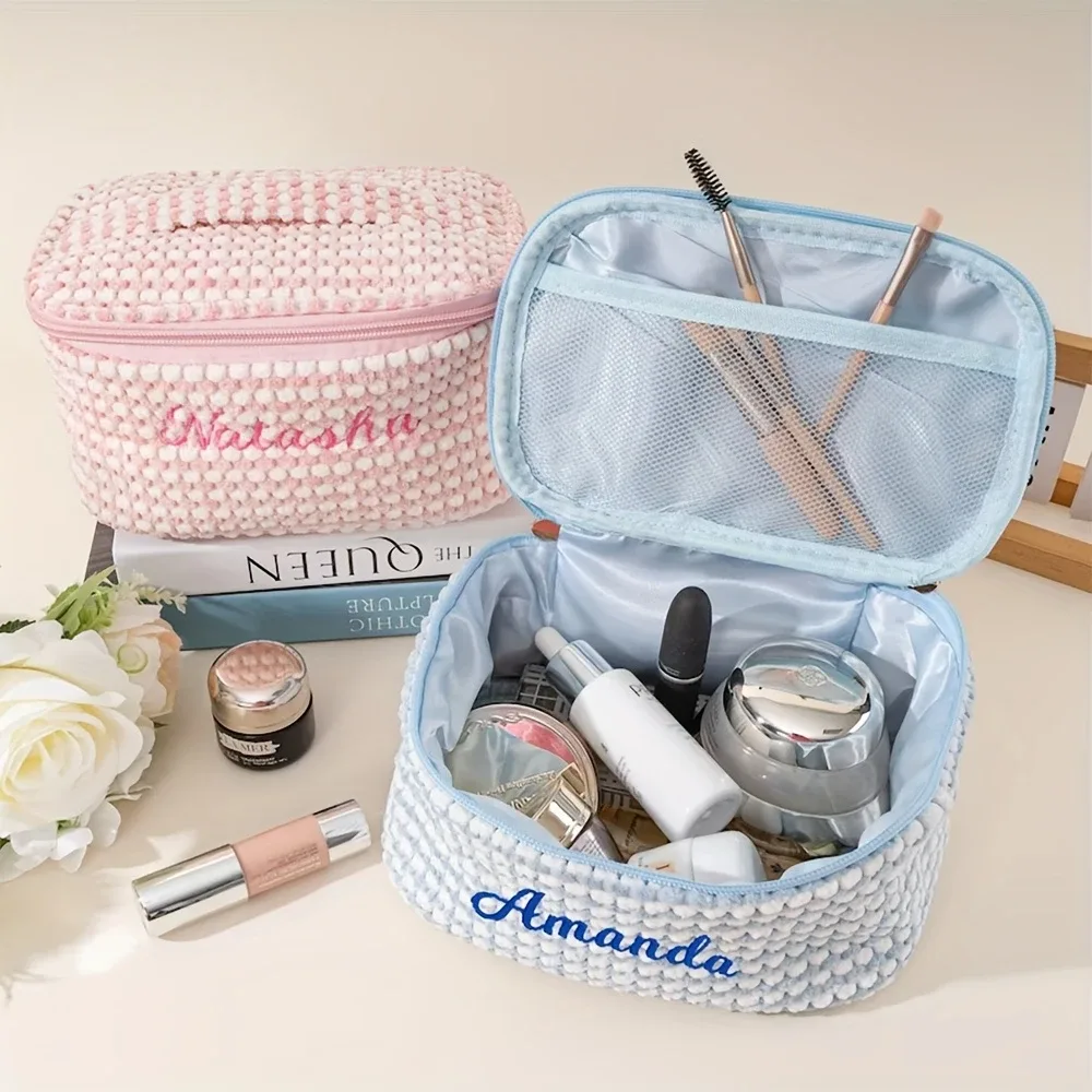 sac de maquillage en tissu doux avec broderie personnalisée, organiseur de cosmétiques de voyage personnalisé avec poche en filet pour pinceaux de maquillage