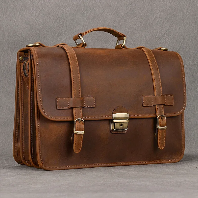 porte-documents de luxe en cuir véritable pour hommes, sac d'affaires de styliste en cuir marron pour ordinateurs portables