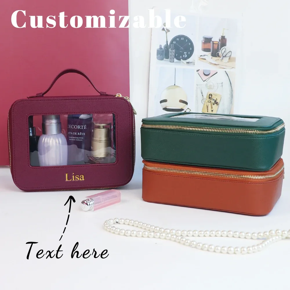 pochette à maquillage personnalisée en cuir, sac de rangement pour pinceaux de maquillage imperméable, sac de rangement portable en pvc pour soins de la peau, trousse de toilette