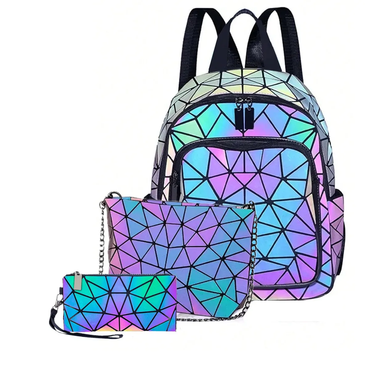 sac à dos lumineux tendance pour femmes, en pvc holographique, géométrique, pour adolescentes, sac à dos de voyage, mochila feminina.