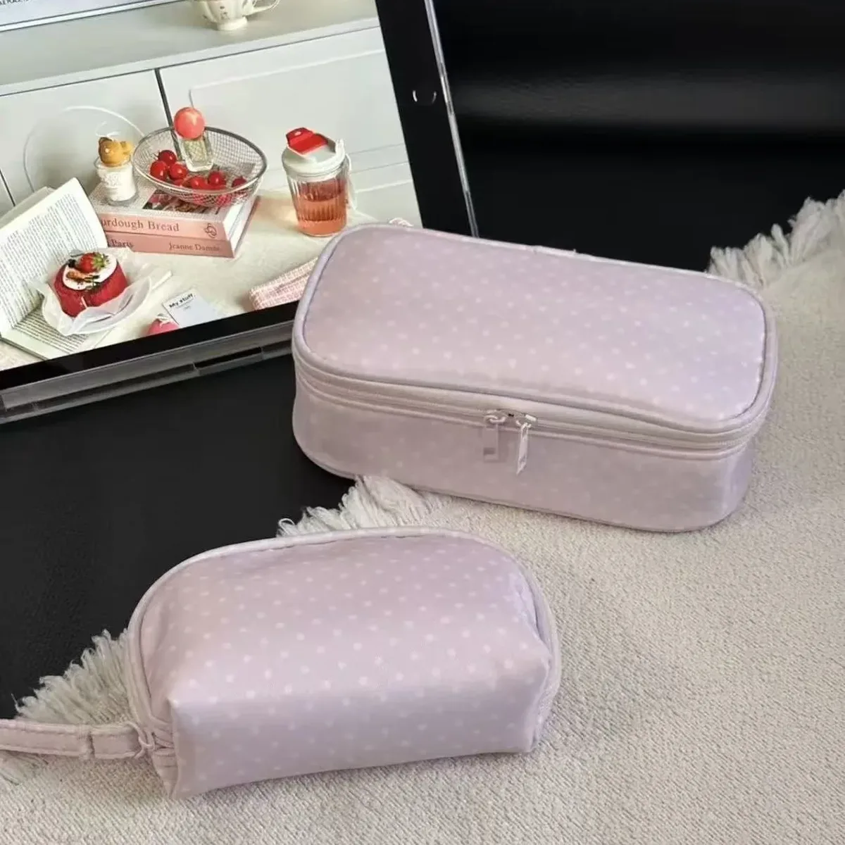 trousse de maquillage grande capacité à pois pour femme, sac de rangement cosmétique portable de voyage, trousse de toilette multifonctionnelle rose style ins