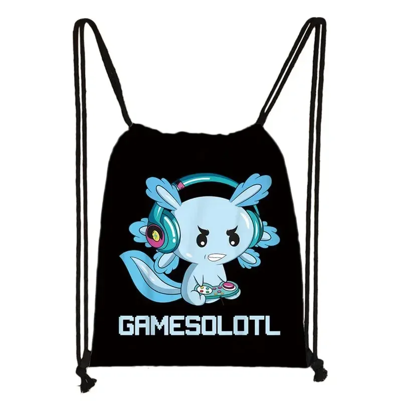 kawaii dessin animé axolotl poisson jouant des jeux vidéo sac à dos tours de mer axolotl/fouron harajuku sacs à cordon sac de voyage en toile