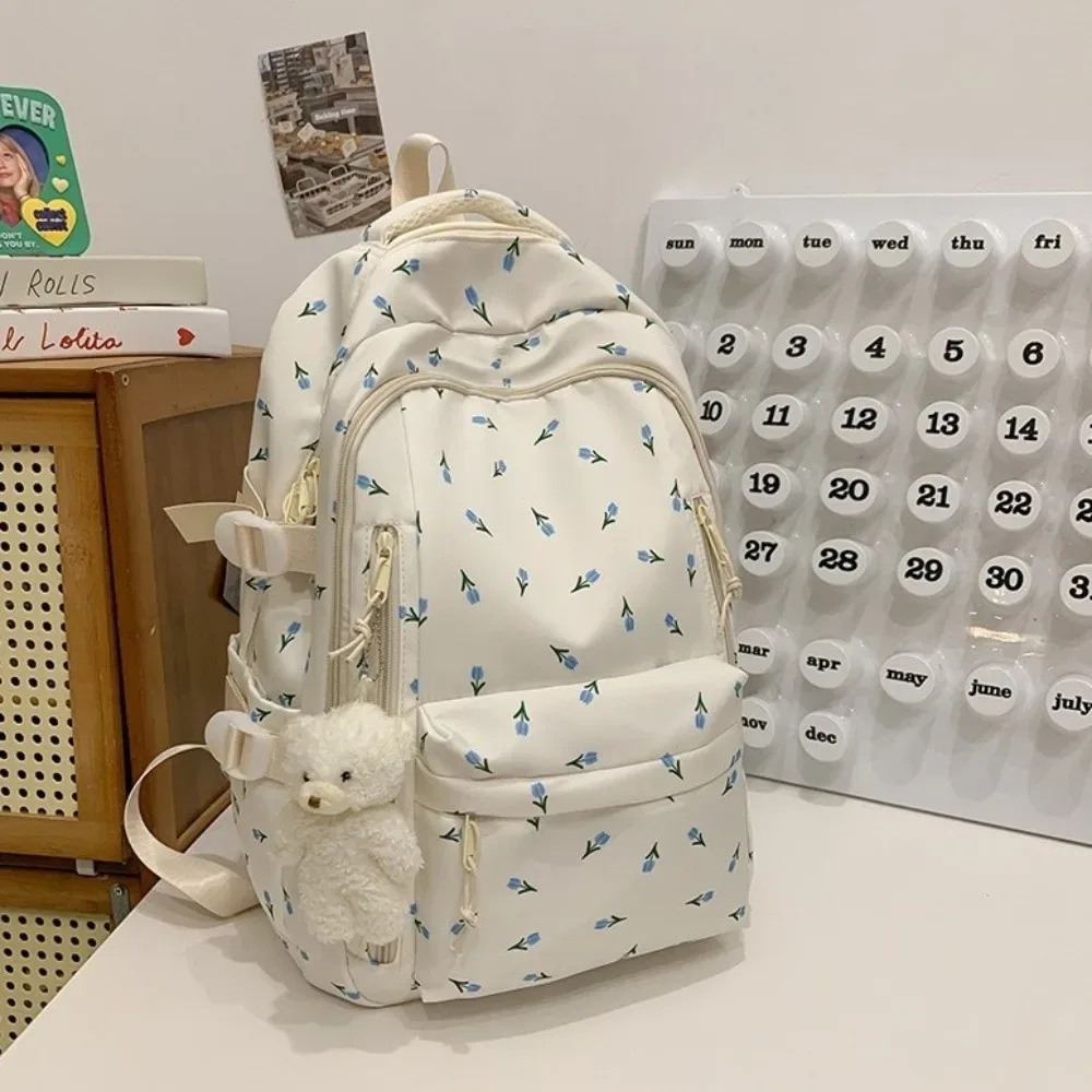 sac à dos grande capacité à imprimé floral, multi-poches, motif nœud épaissi, léger et durable, pour l'école primaire