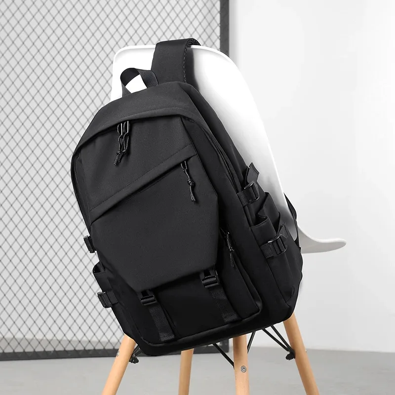 sac à dos simple pour homme en polyester imperméable de 15 pouces, couleur unie, tendance, pour couple, étudiant, ordinateur portable