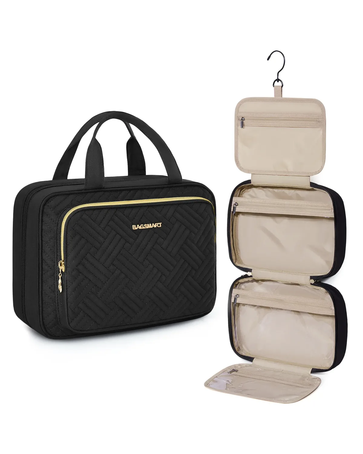 trousse toilette pvc noire accent doré compartiments organisation maquillage voyage boîte format rectangle motif géométrique relief frontal