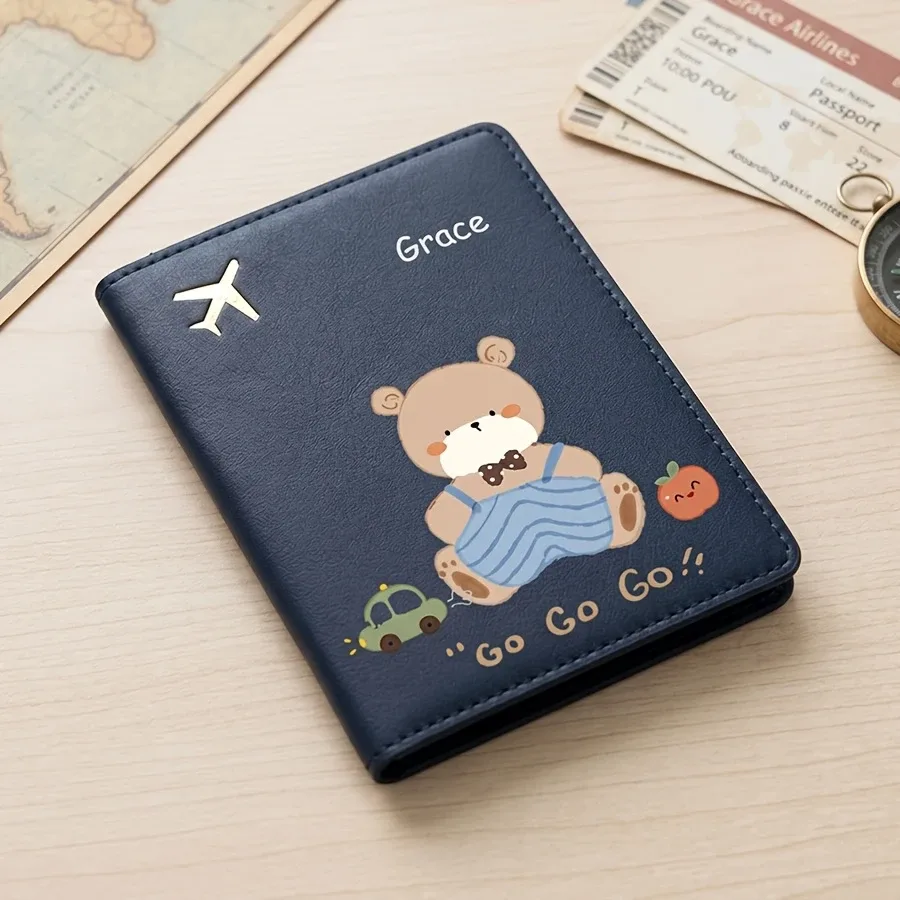 porte-passeport personnalisé avec housse de protection - nom/texte personnalisé, motif ours de dessin animé mignon