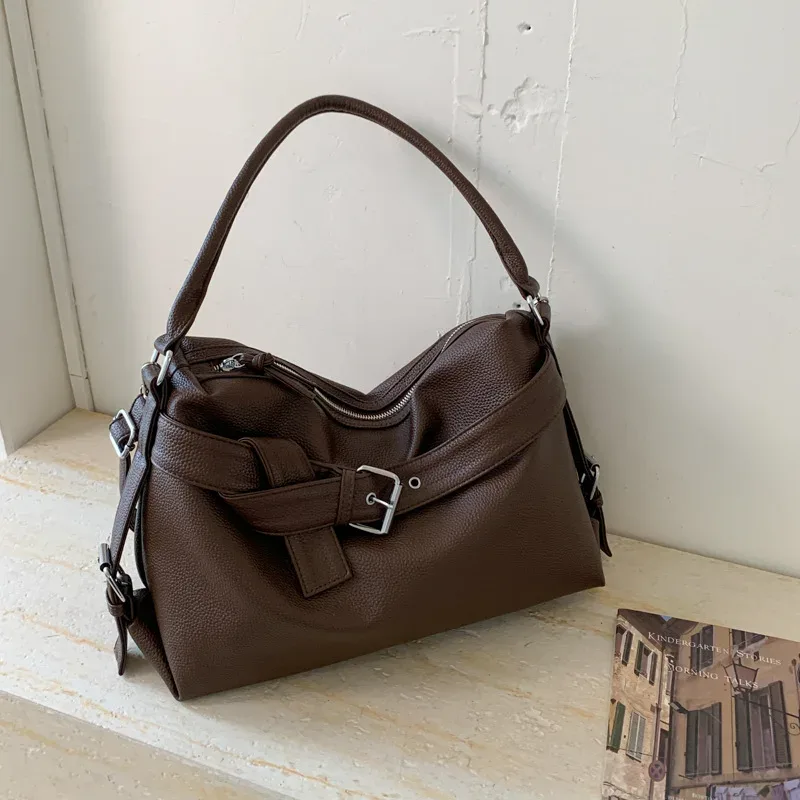 sac fourre-tout en cuir souple de grande capacité, sac à main avec boucle de ceinture, nouveau sac messager à bandoulière rétro pour fille, sac de moto