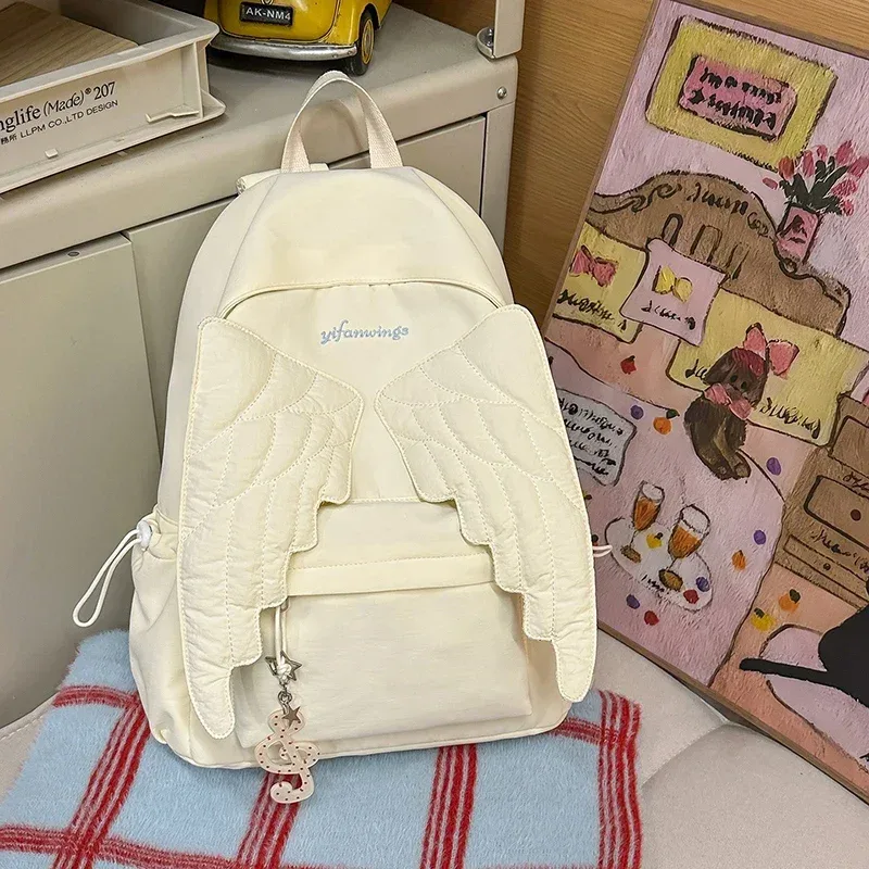 sac à dos matelassé à pois ailes d'ange pour étudiants, sac d'école en nylon mignon et tendance, sac de voyage quotidien léger et spacieux
