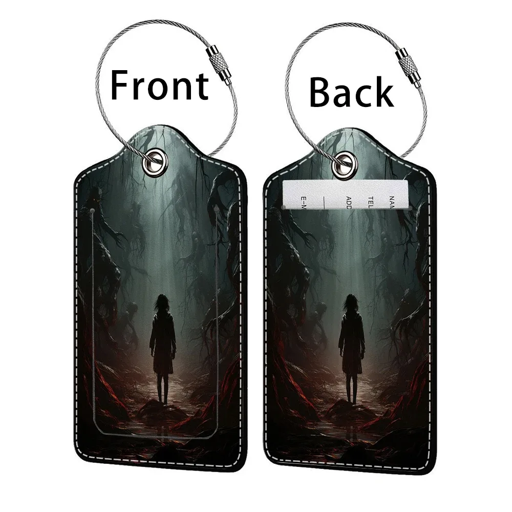 promotion étiquette de bagage en cuir à motif d'horreur, étiquette d'adresse pour valise, étiquette d'embarquement pour bagage, clip pour nom, identifiant et adresse