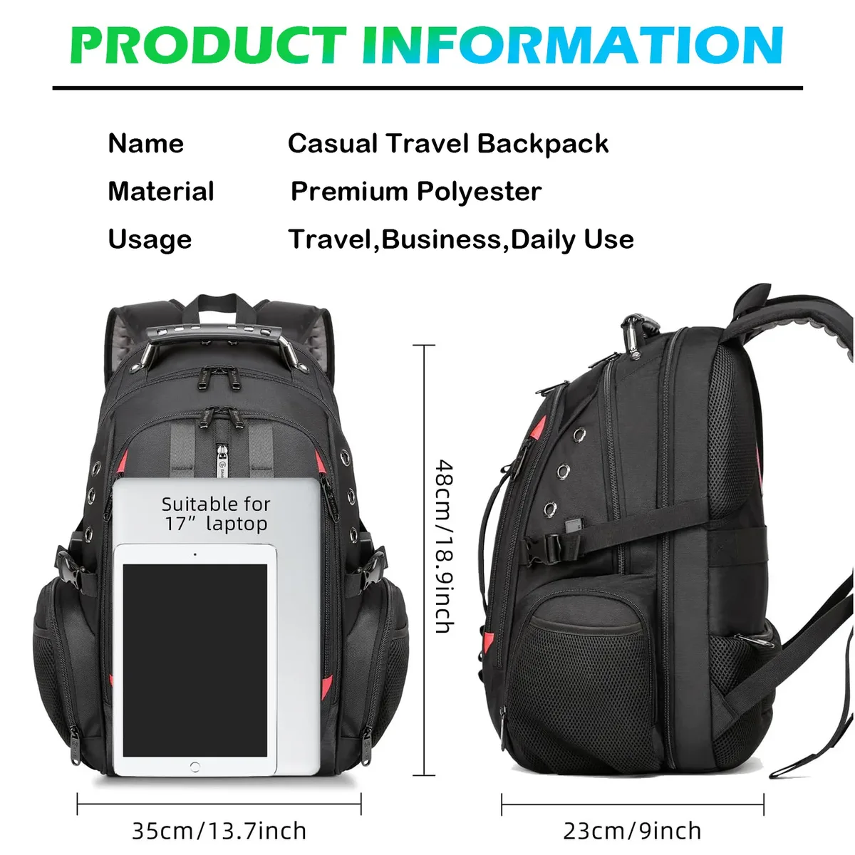 sac dos oxford polyester noir gris rouges poches latérales compartiment principal port usb voyage décontracté