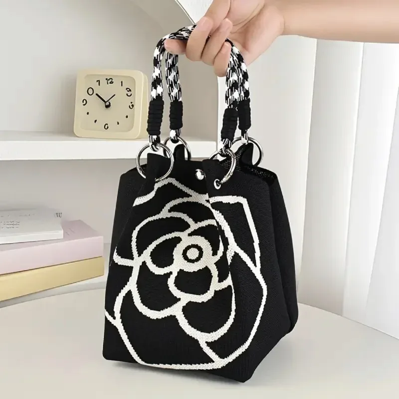 sac à main tricoté à fleurs pour femmes, sac à bandoulière couleur contrastée, sac à main de plage portable pour dames, fourre-tout de shopping