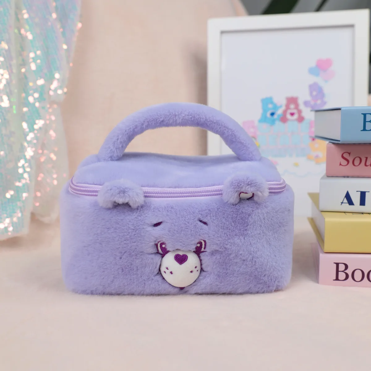 trousse de toilette en peluche care bears, sac de toilette de voyage de grande capacité pour filles et femmes, pochette de maquillage douce et moelleuse