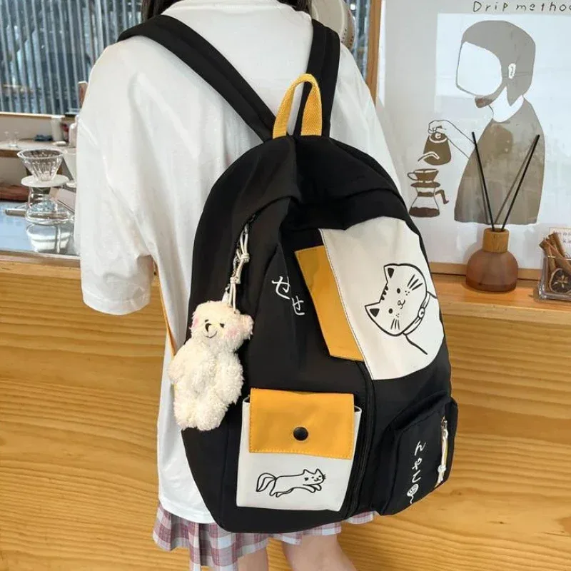 sac à dos coréen mignon chat de dessin animé pour femmes, cartable pour lycéens, grande capacité, sac à dos de voyage étanche en nylon