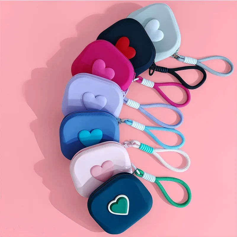 1 pièce pochette de rangement en silicone en forme de cœur, porte-monnaie, portefeuille, avec cordon tressé, organisateur portable pour câbles de données, écouteurs et clés