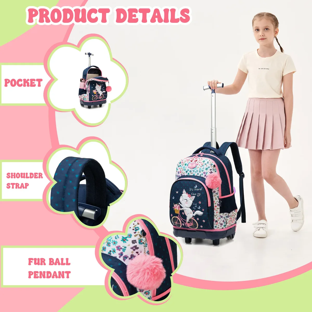 sac dos polyester bleu marine chat rose bicyclette fleurs multicolores grande capacité poche ordinateur portable roues fixes accessoires enfants voyage ecole