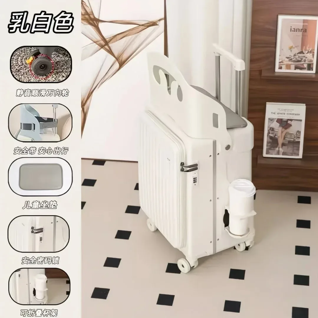 valise plastique dur pc blanche accents roses siège intégré roulettes toupie usage voyage enfant