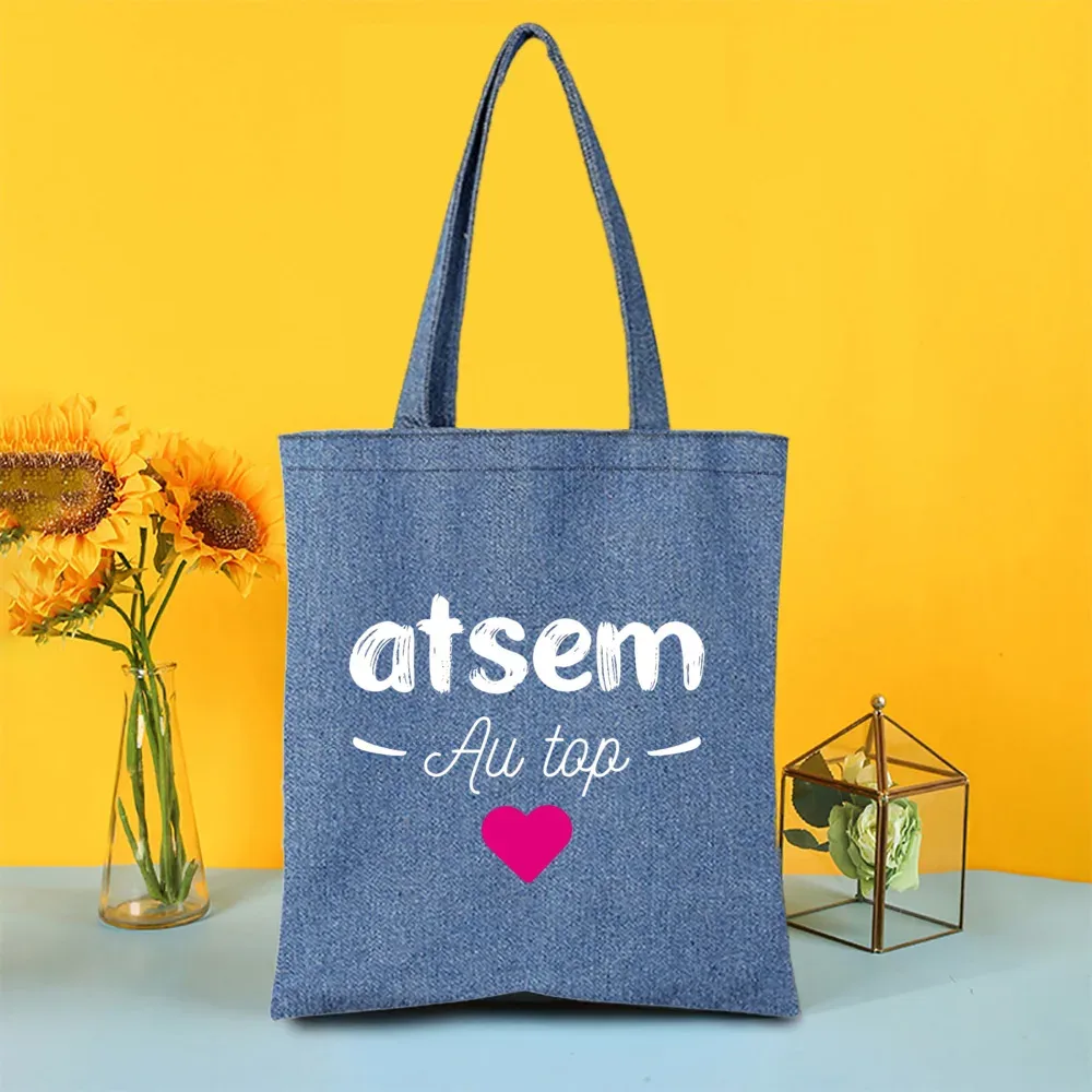 sac fourre-tout en jean imprimé super atsem maitresse, sacs de shopping pour femme, sacs de voyage, cadeau de remerciement pour la fête des enseignants et les diplômés