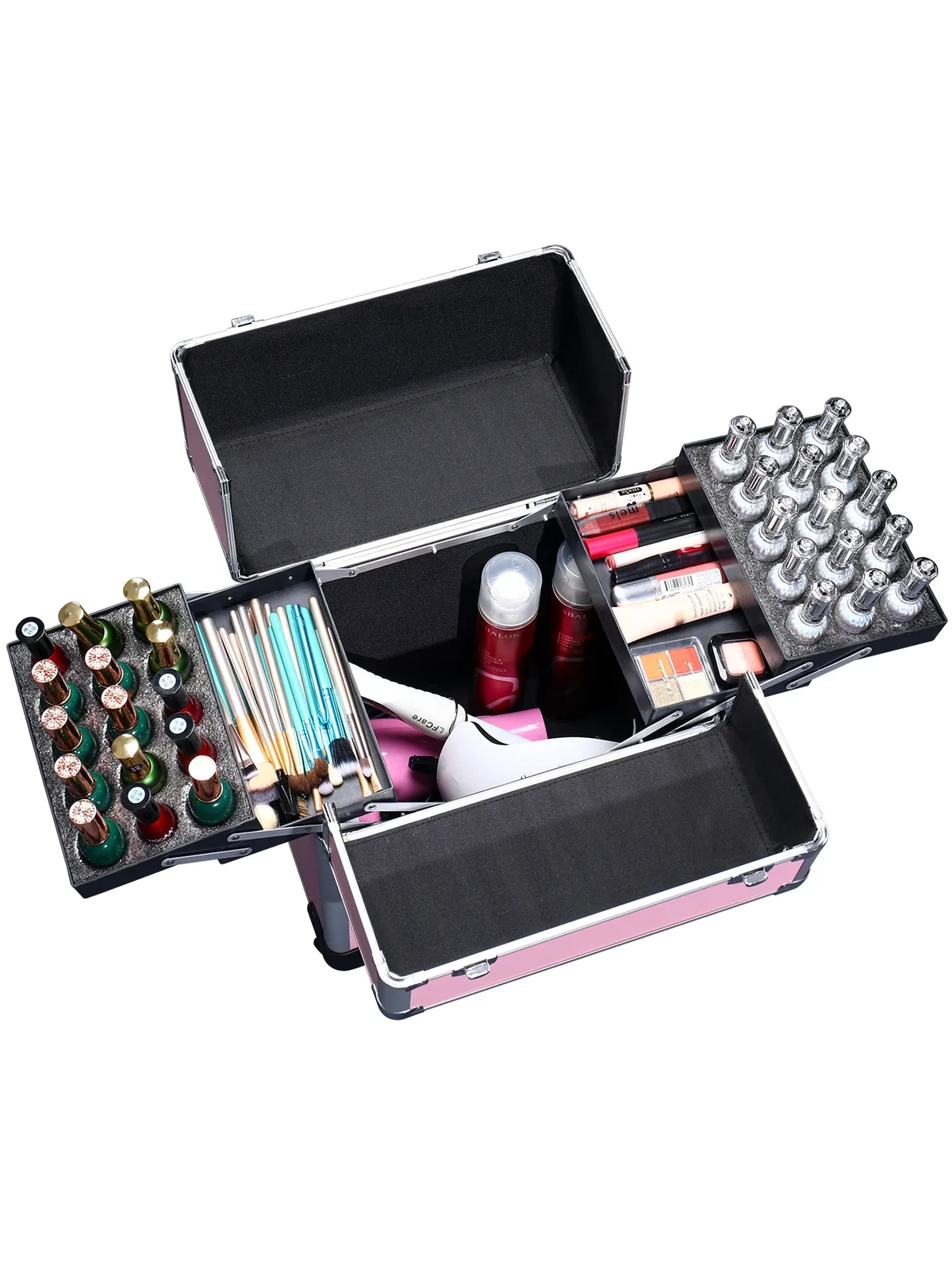 travelrolling – trousse de maquillage, chariot à cosmétiques de grande capacité, étui de voyage professionnel en aluminium avec clé