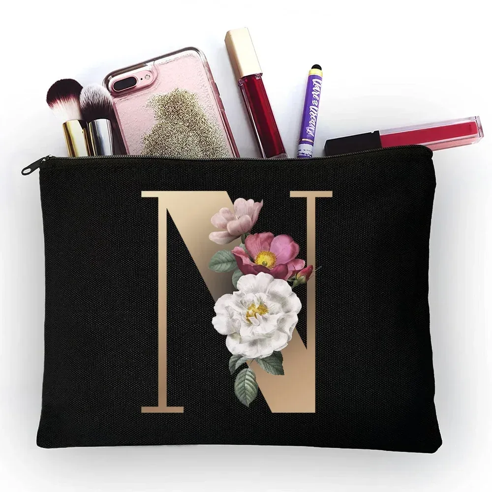 trousse de maquillage pour filles, sac de rangement classique à motif de lettres dorées, pochettes pour sacs de voyage, pochette à cosmétiques pour femmes