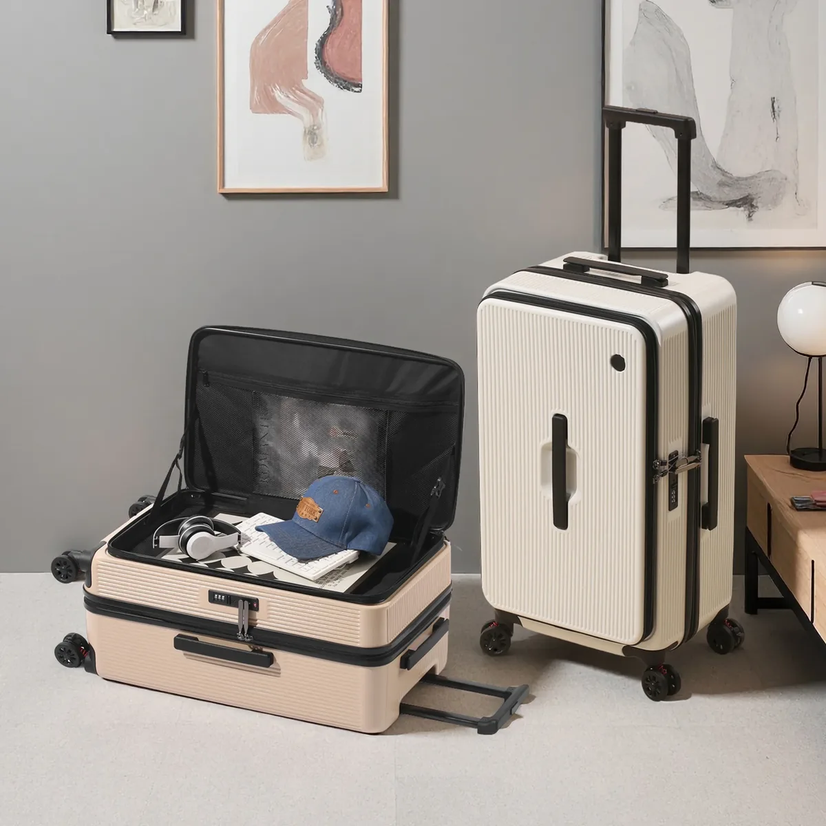 valise premium pure pc à double ouverture 20/25/29 pouces avec serrure tsa, compartiment de rangement 1:9/3:7, valise de voyage à 4/5 roues pivotantes pour toutes les voyages