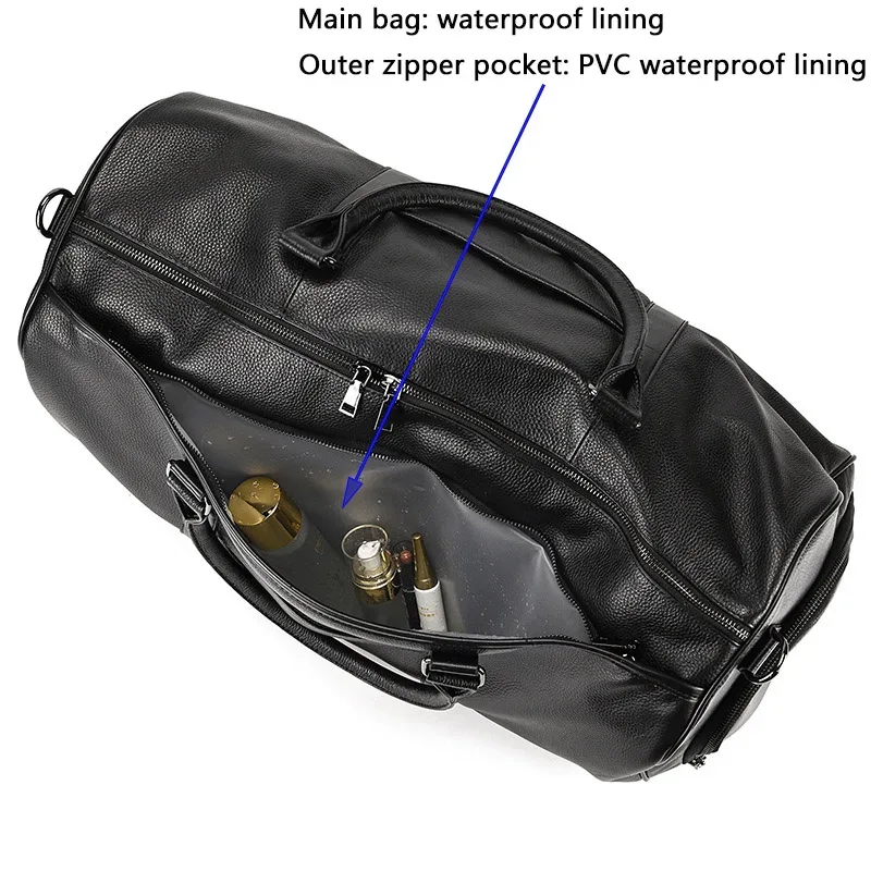 sac de voyage en cuir véritable de grande capacité pour hommes et femmes, en cuir de vache noir souple, polochon de voyage décontracté, grand sac à bandoulière pour week-end