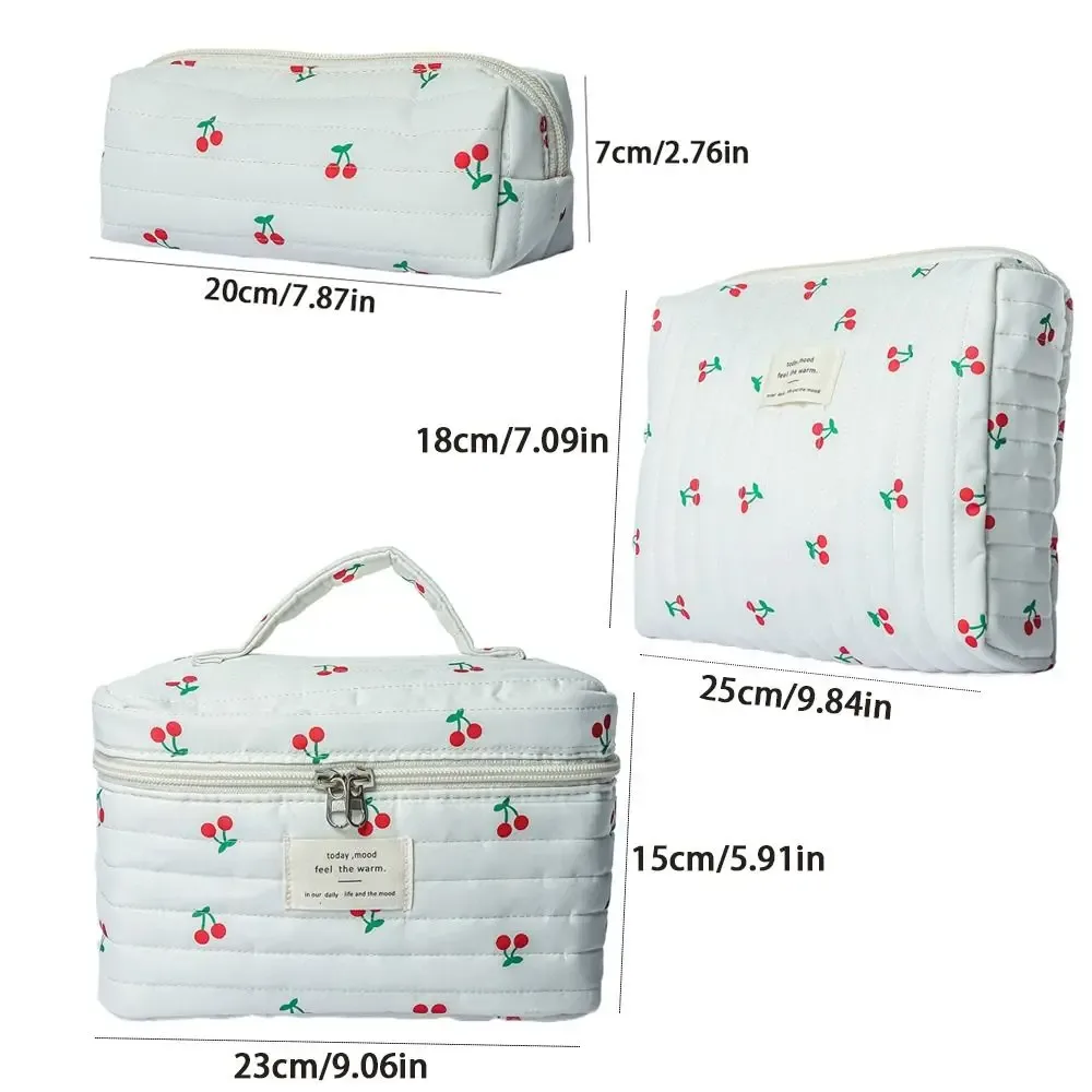 pochette à maquillage rétro à imprimé cerise, en coton matelassé, grande capacité, sac cosmétique mignon multifonctionnel, trousse de toilette, rangement pour maquillage