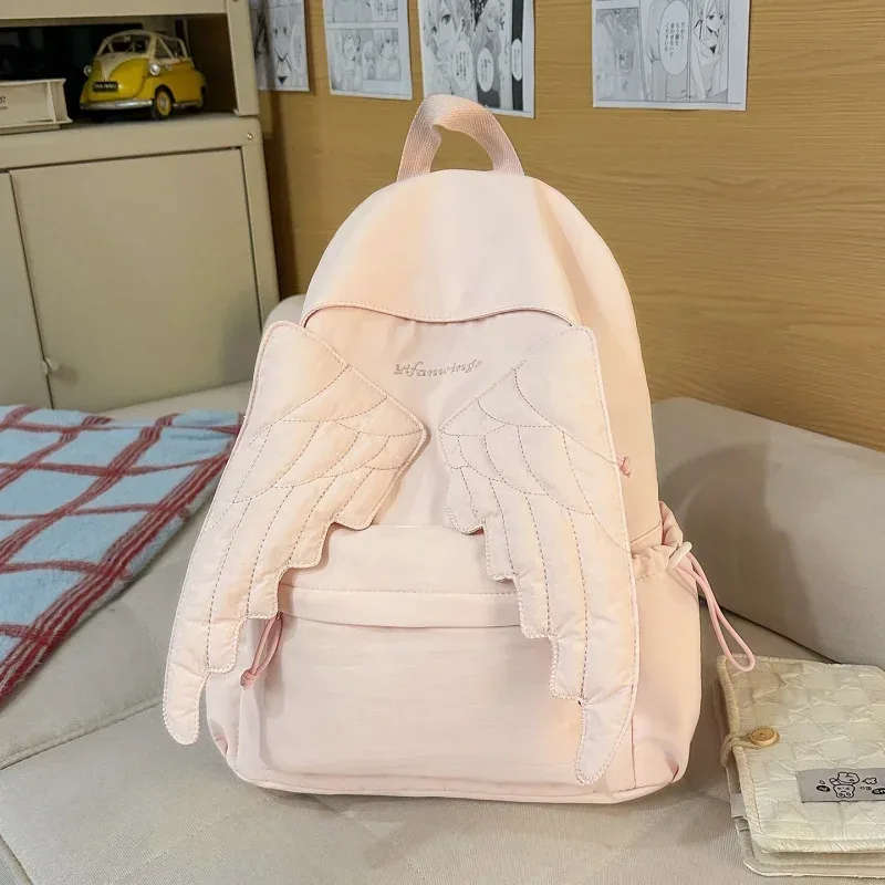 sac à dos matelassé à pois ailes d'ange pour étudiants, sac d'école en nylon mignon et tendance, sac de voyage quotidien léger et spacieux