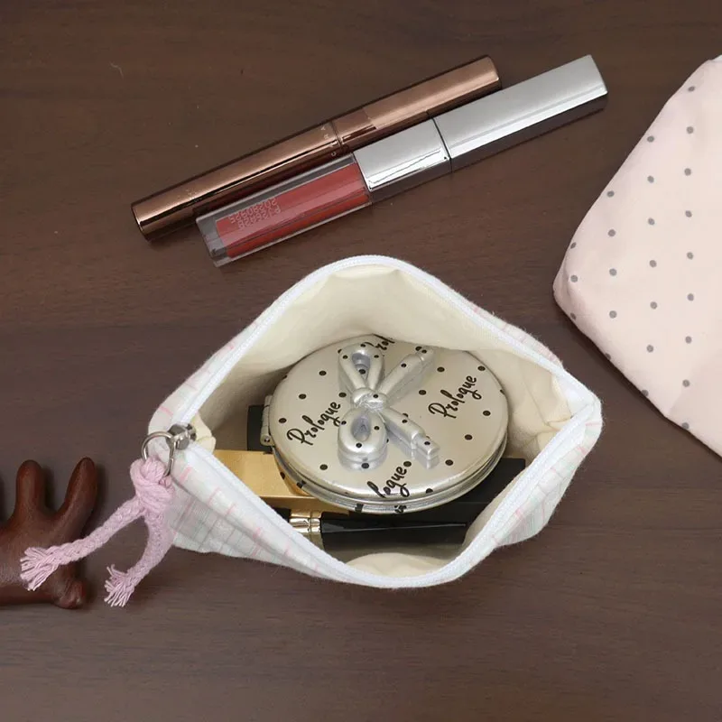 Pochette de maquillage rayée rose pour femme, mini sac à cosmétiques mignon, sac de rangement portable pour clés, écouteurs, rouge à lèvres, porte-monnaie