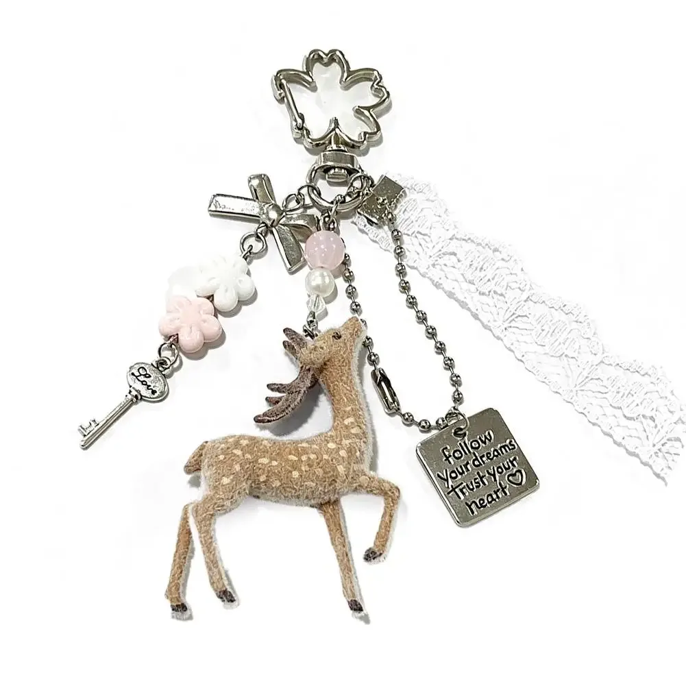 porte-clés cerf coquette adorable avec nœud en ruban de dentelle, breloque de sac, pendentif faon kawaii, accessoires pour sac à dos, cadeau pour femme