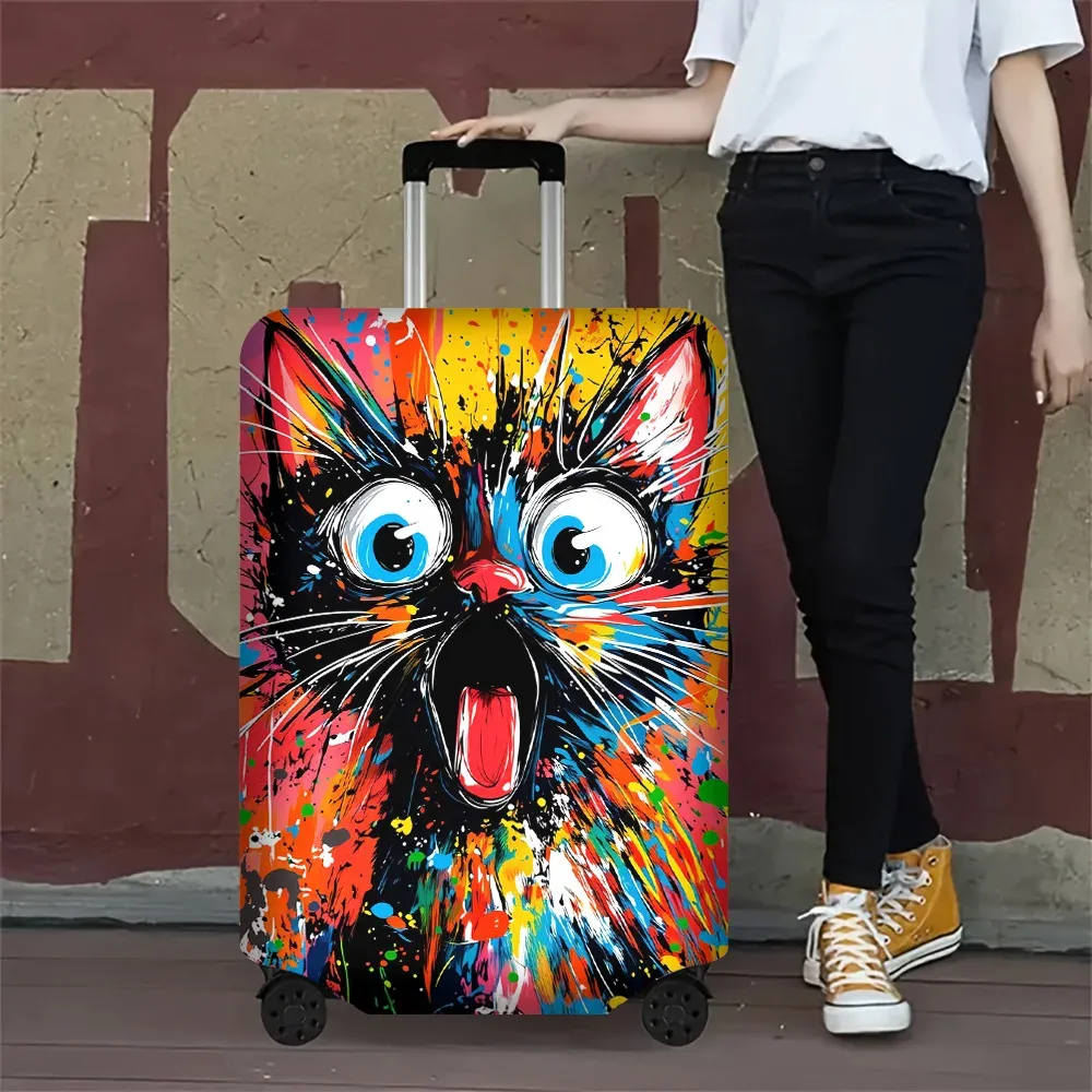 housse valise polyester visage chat motifs couleurs jaunes rouges bleues noires forme rectangulaire protection voyage