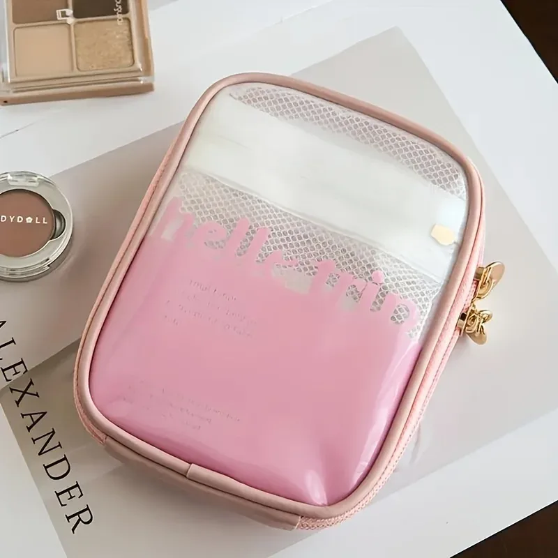 trousse toilette pvc beige motif transparent poignée dorée cosmétiques maquillage voyage usage polyvalent conception portable durabilité organisé rouges lèvres fards paupières miroir